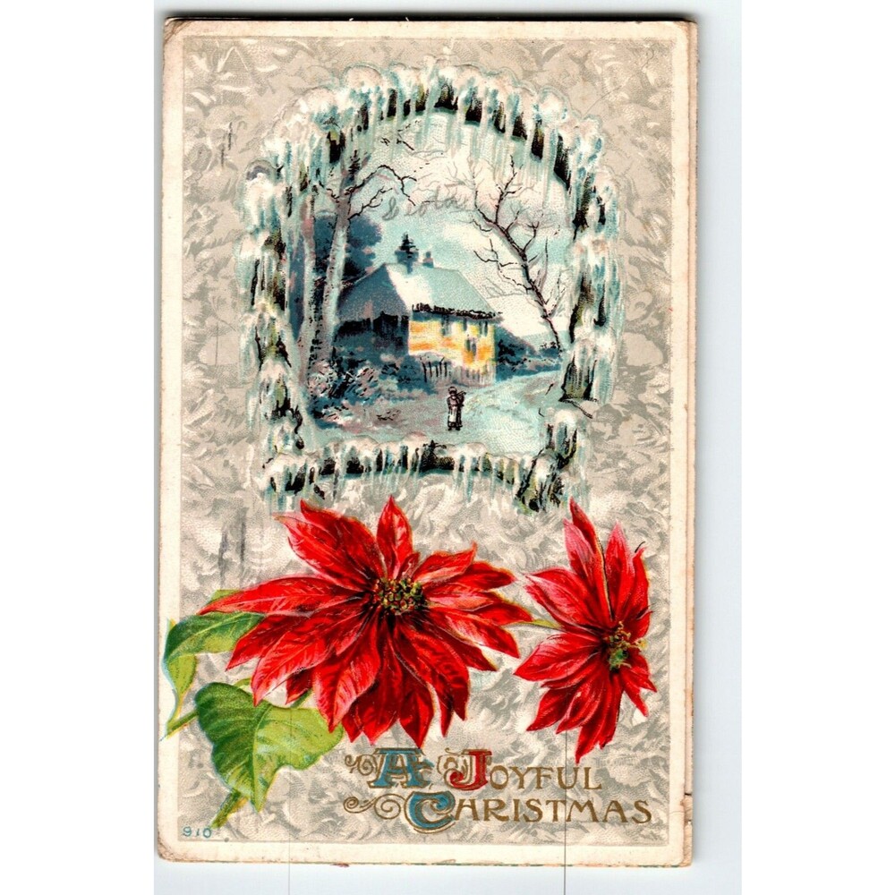 Christmas Postcard Joyful Country Cottage Icicles Snow 1912 Embossed Series 910